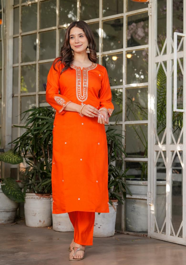 Orange Sequin Work Viscose Kurta Set - Indya