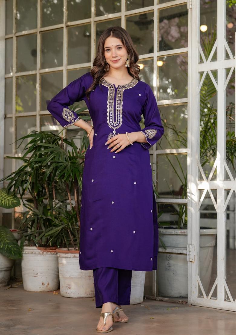 Royal Blue Sequin Work Viscose Kurta Set - Indya