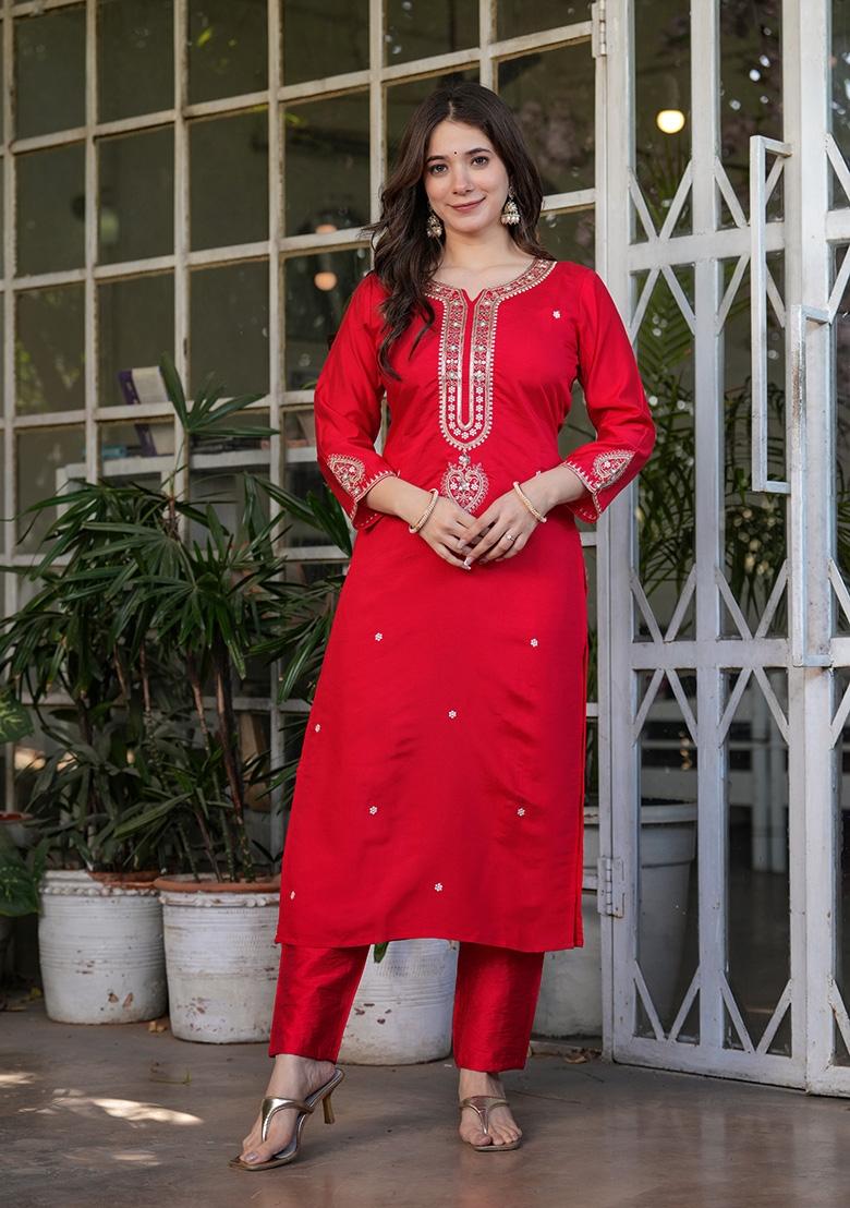 Red Sequin Work Viscose Kurta Set - Indya