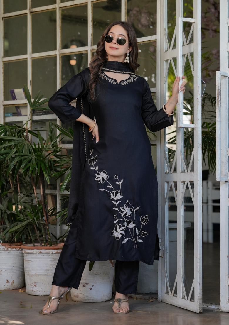 Black Sequin Work Viscose Kurta Set - Indya
