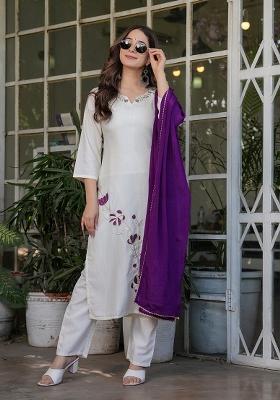 White Sequin Work Viscose Kurta Set