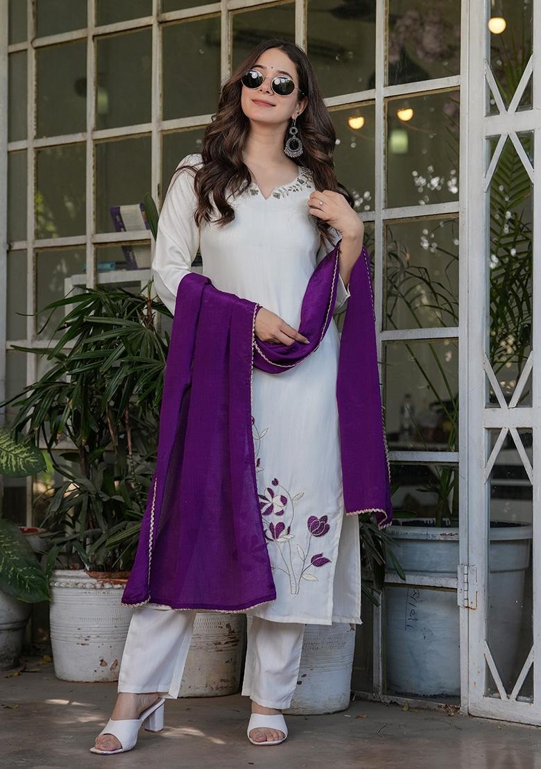 White Sequin Work Viscose Kurta Set - Indya