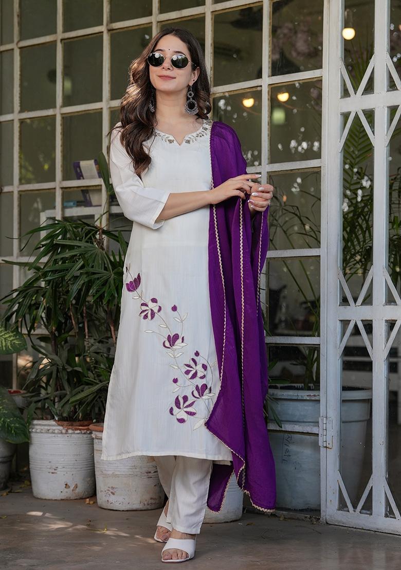 White Sequin Work Viscose Kurta Set - Indya