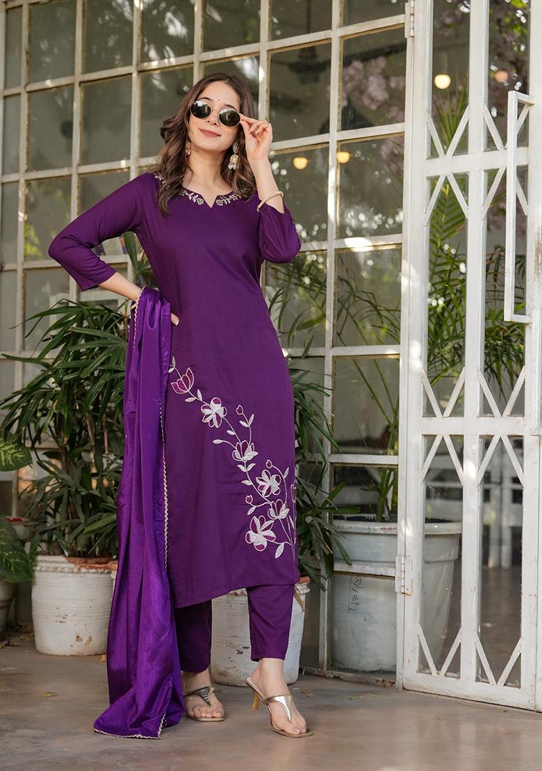 Purple Sequin Work Viscose Kurta Set - Indya