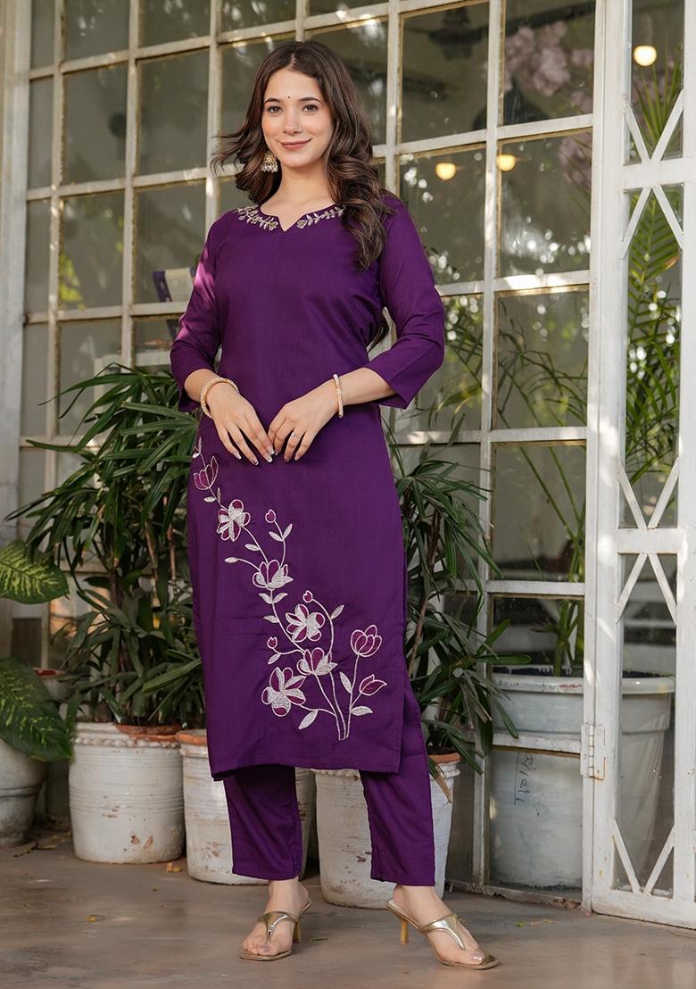 Purple Sequin Work Viscose Kurta Set - Indya