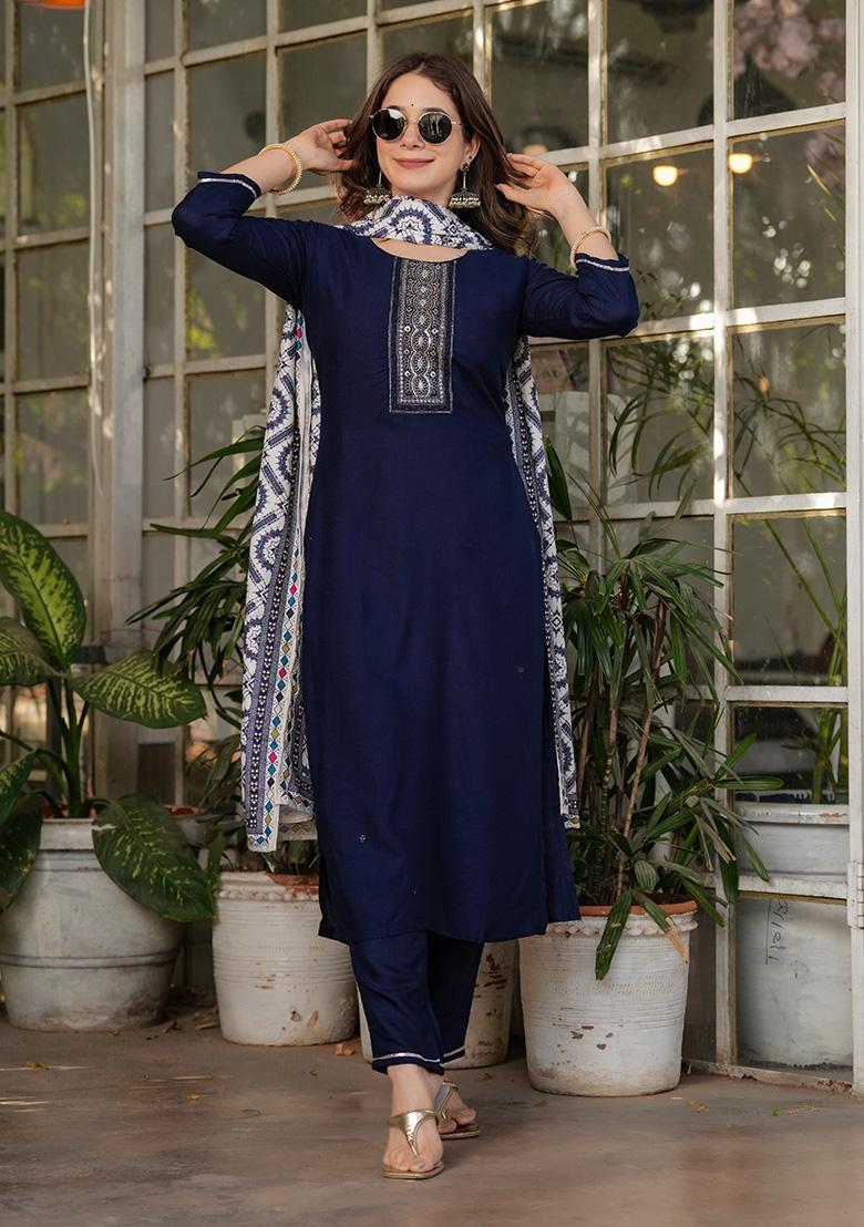 Navy Blue Sequin Work Rayon Kurta Set - Indya