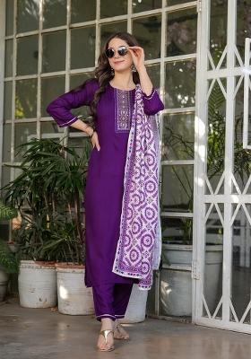 Purple Sequin Work Rayon Kurta Set