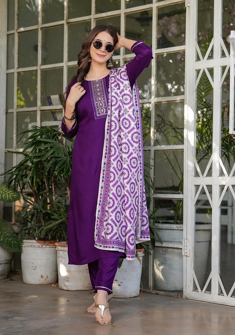 Purple Sequin Work Rayon Kurta Set - Indya