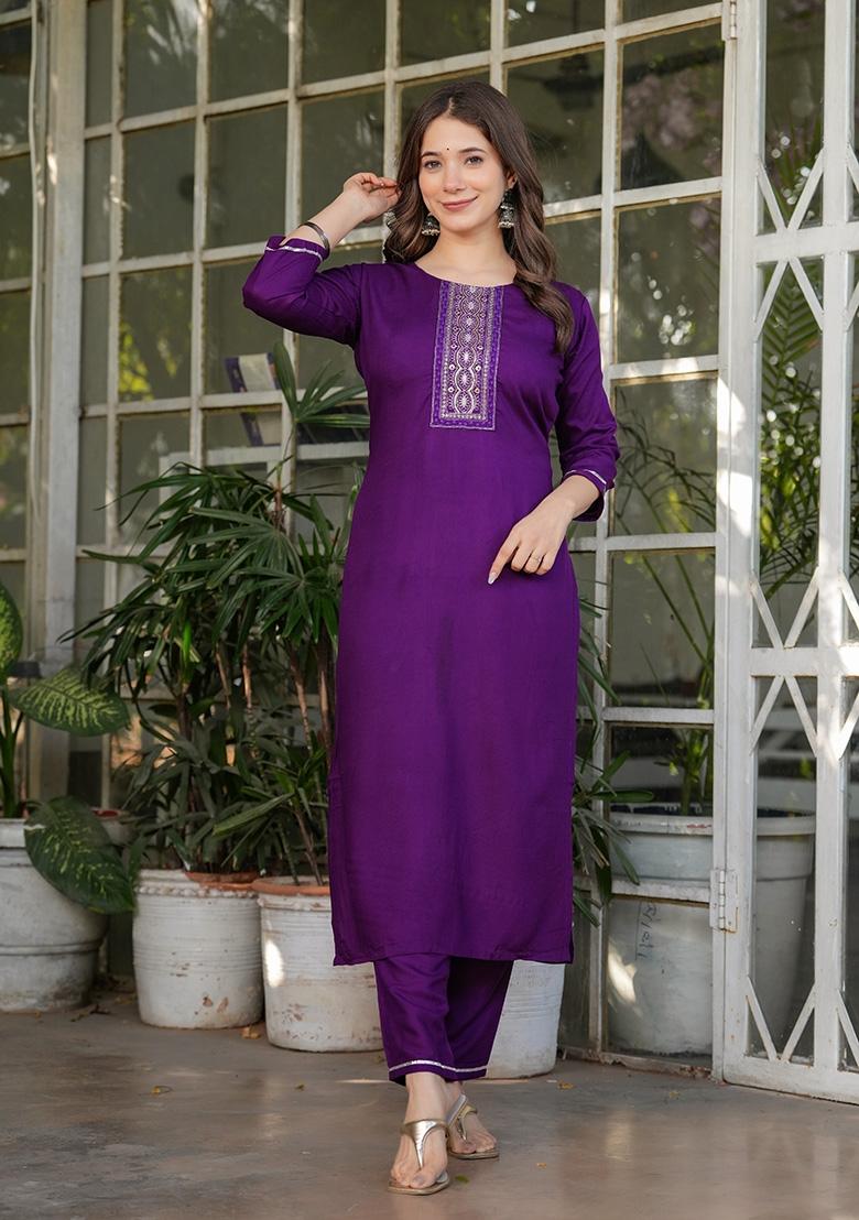 Purple Sequin Work Rayon Kurta Set - Indya