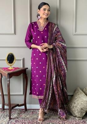 Purple Sequin Work Viscose Kurta Set