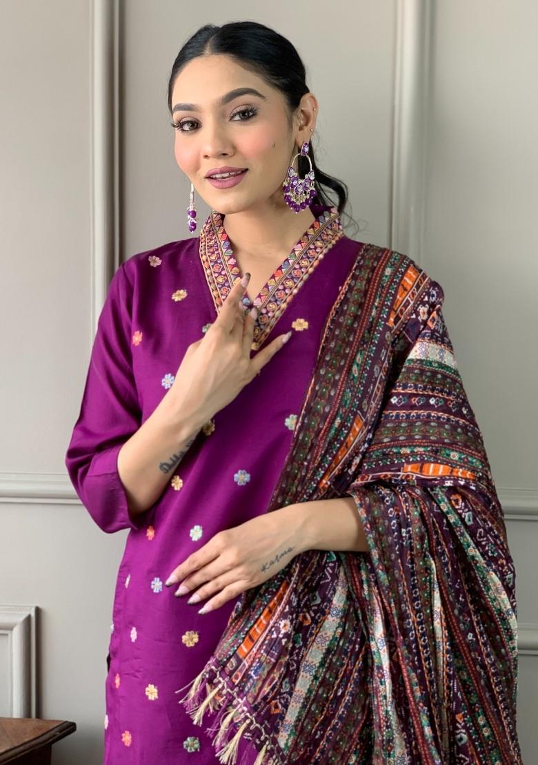 Purple Sequin Work Viscose Kurta Set - Indya