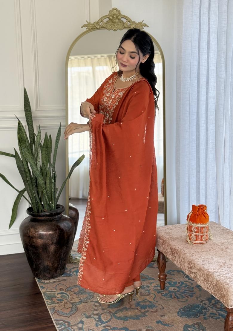 Orange Sequin Work Viscose Kurta Set - Indya