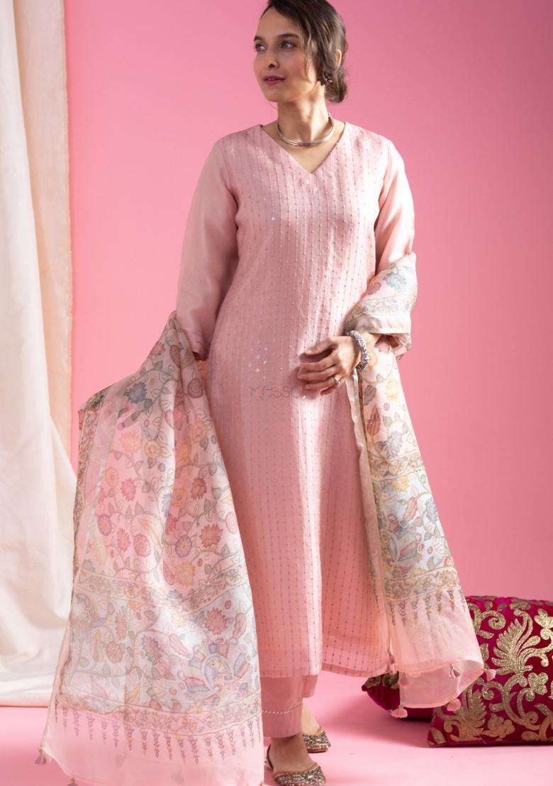 Pink Sequin Work Viscose Kurta Set - Indya