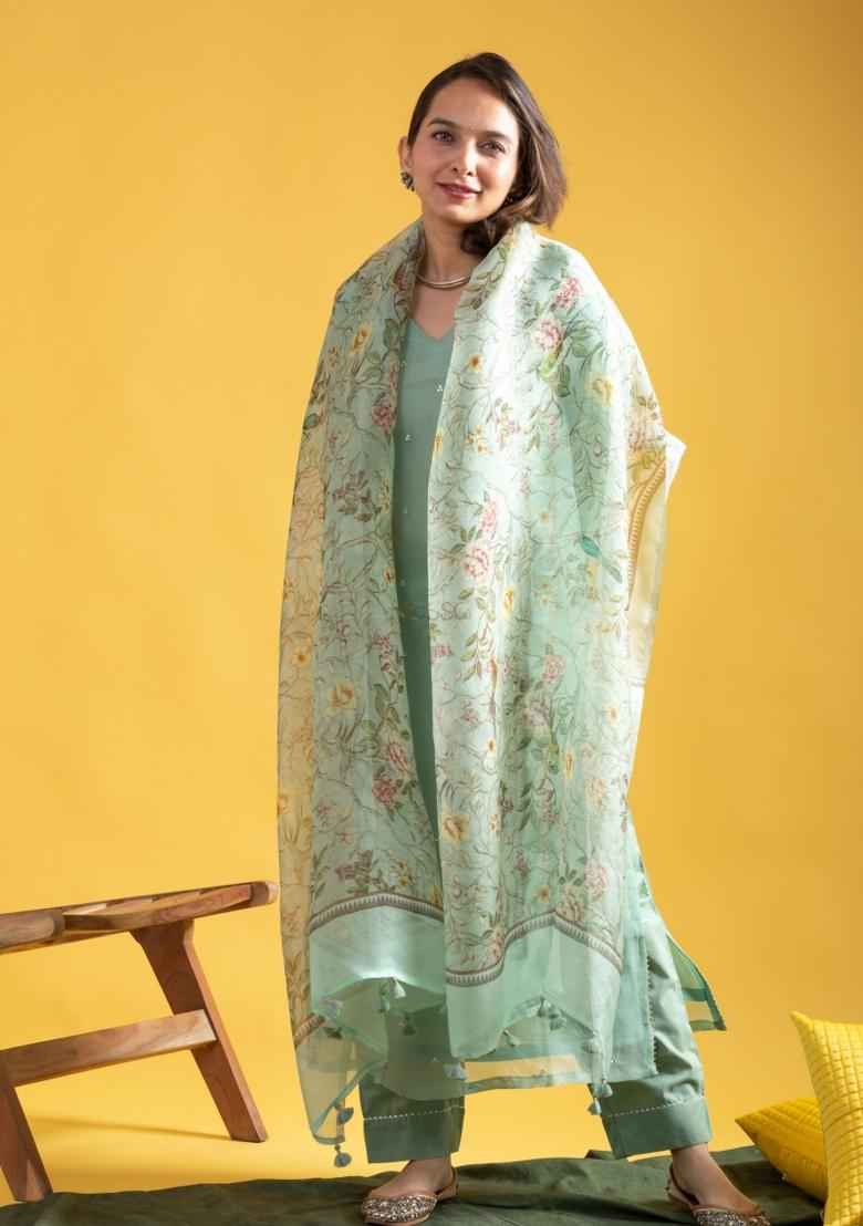 Olive Sequin Work Viscose Kurta Set - Indya