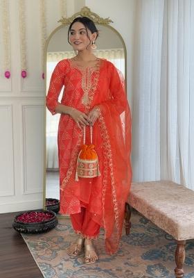 Orange Sequin Work Crepe Kurta Set