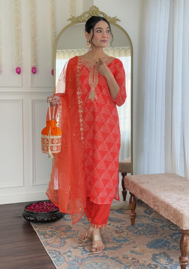 Orange Sequin Work Crepe Kurta Set - Indya