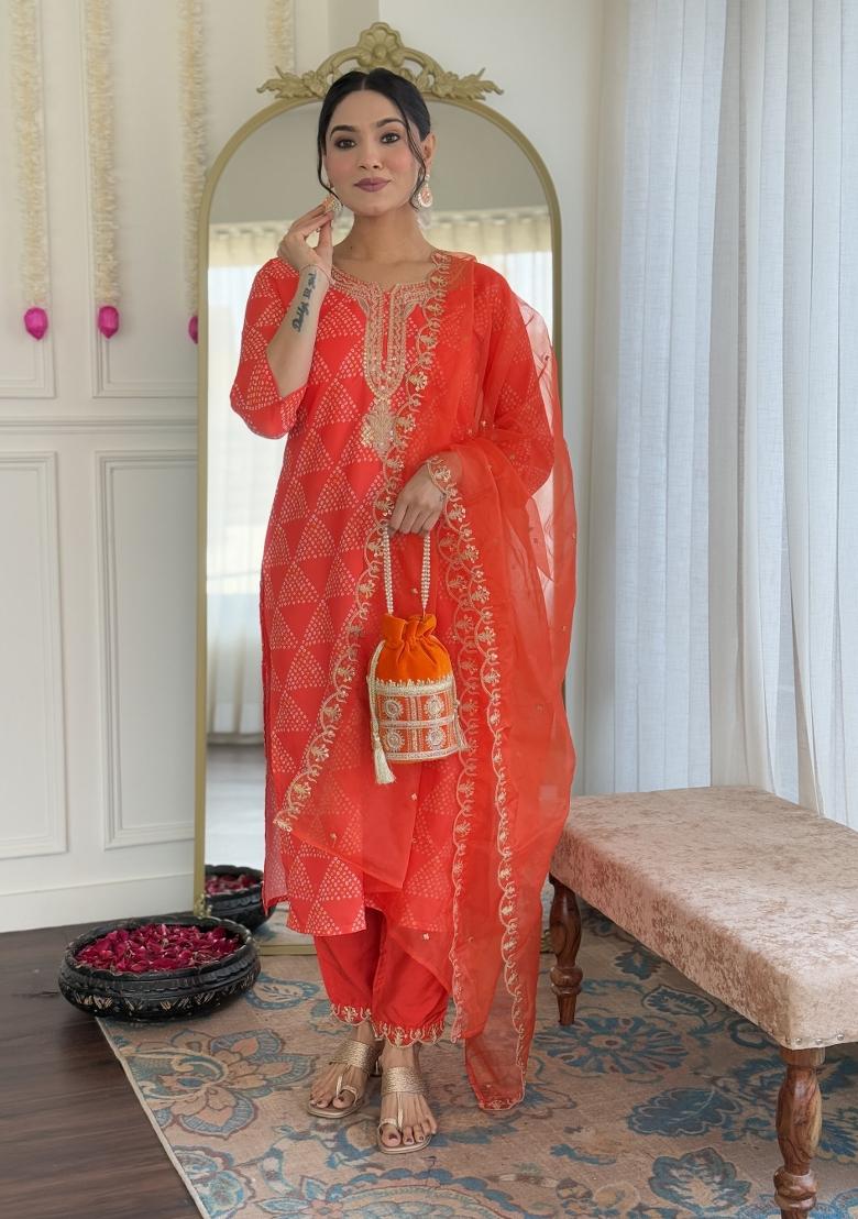 Orange Sequin Work Crepe Kurta Set - Indya
