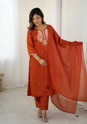 Orange Sequin Work Silk Kurta Set