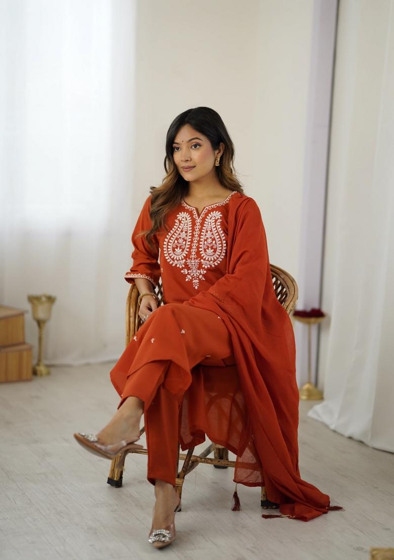 Orange Sequin Work Silk Kurta Set - Indya