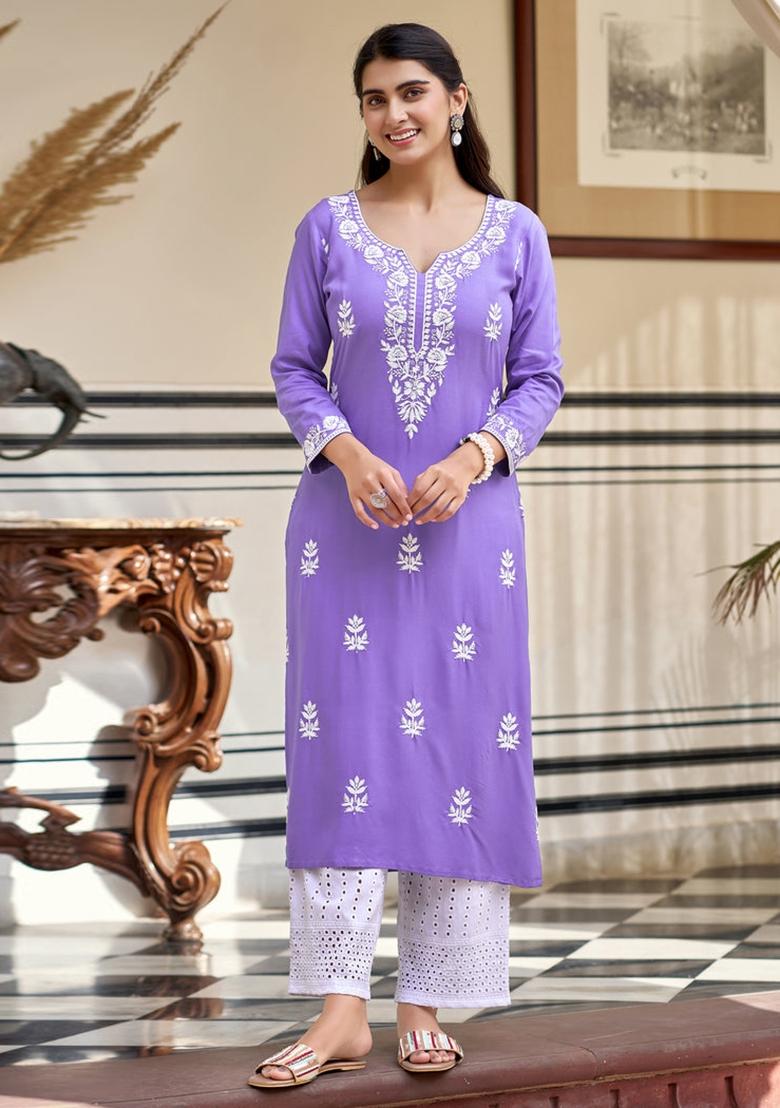 Purple Sequin Work Rayon Kurta Set - Indya