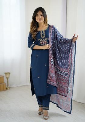 Navy Blue Sequin Work Silk Kurta Set