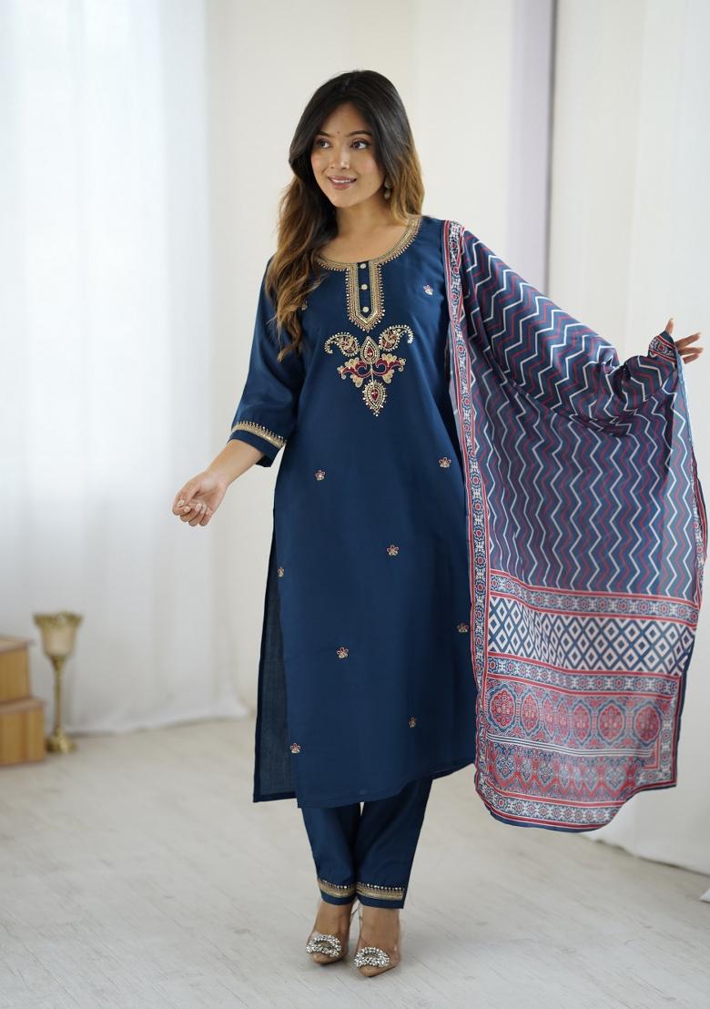 Navy Blue Sequin Work Silk Kurta Set - Indya