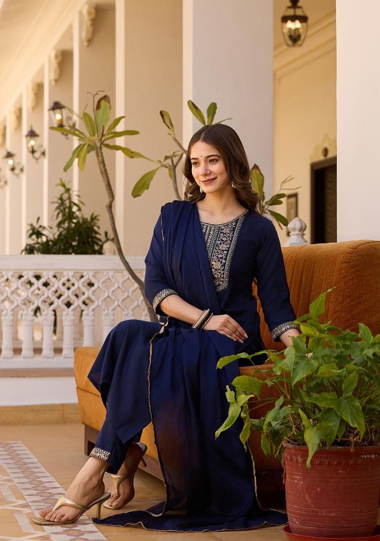 Navy Blue Sequin Work Rayon Kurta Set - Indya