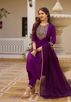 Purple Sequin Work Rayon Kurta Set