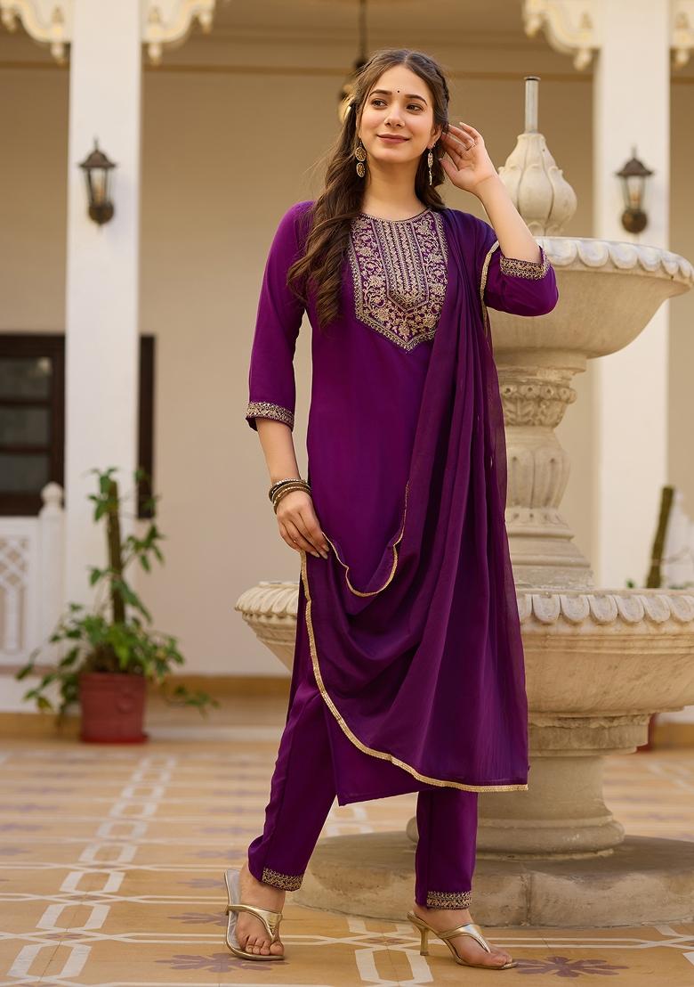 Purple Sequin Work Rayon Kurta Set - Indya