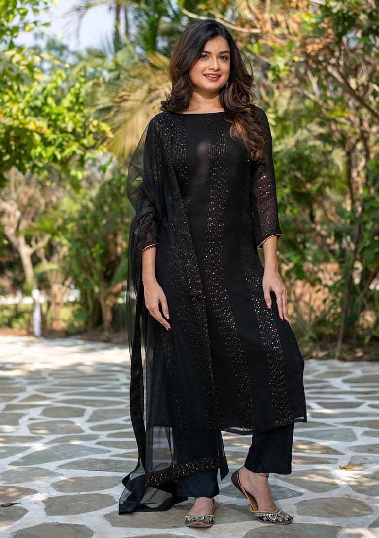 Black Sequin Work Georgette Kurta Set - Indya