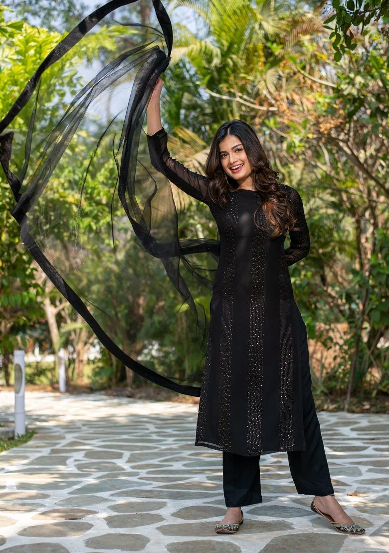 Black Sequin Work Georgette Kurta Set - Indya