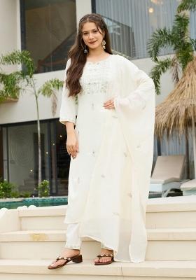 White Sequin Work Rayon Kurta Set