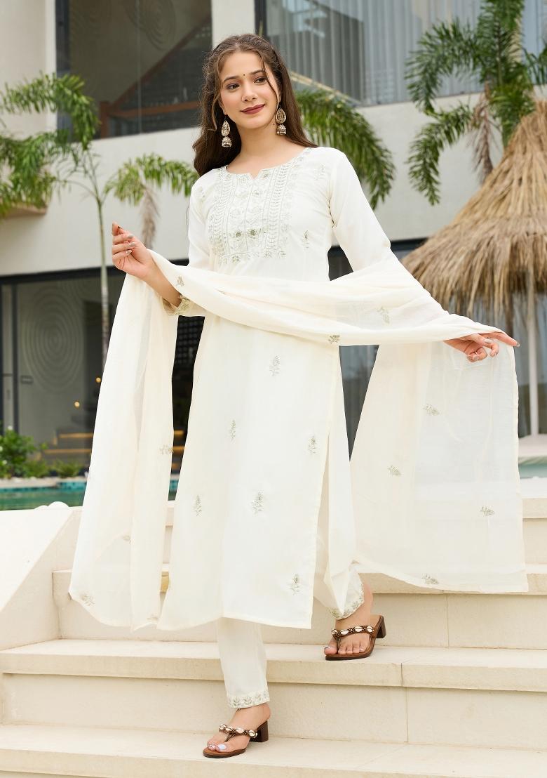 White Sequin Work Rayon Kurta Set - Indya