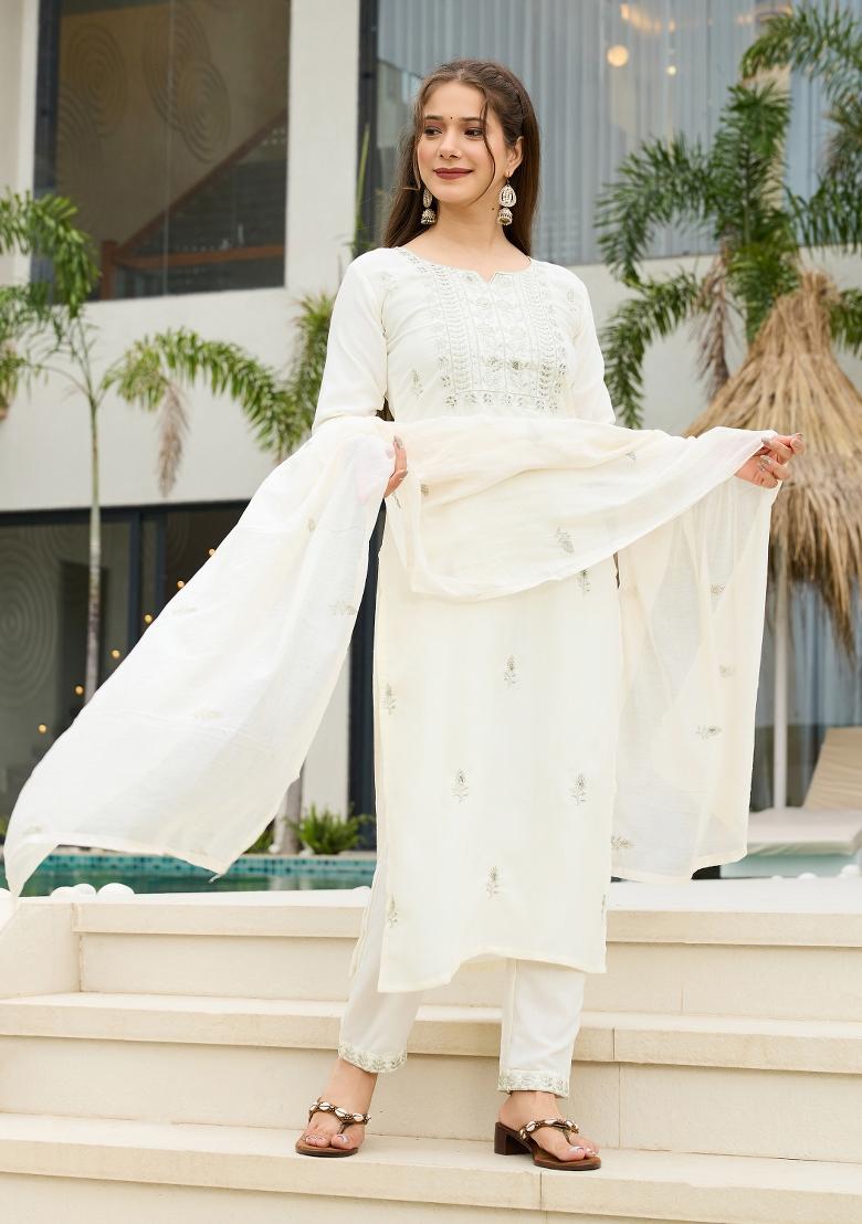 White Sequin Work Rayon Kurta Set - Indya
