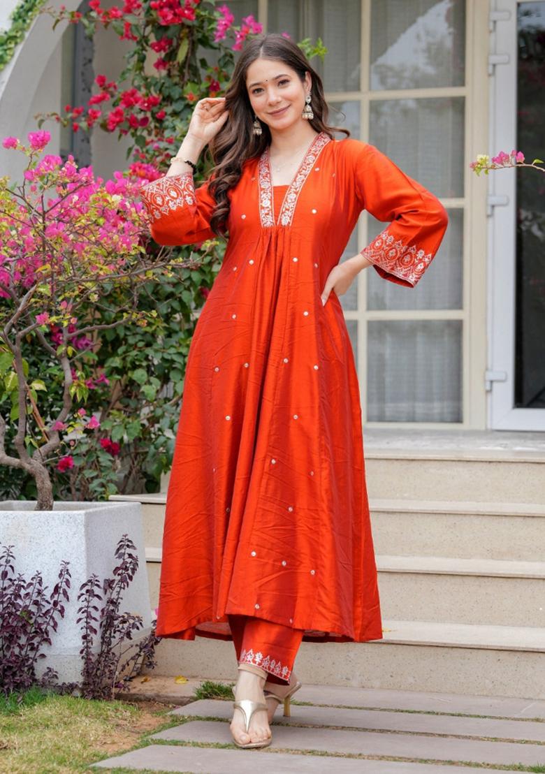 Orange Sequin Work Viscose Kurta Set - Indya