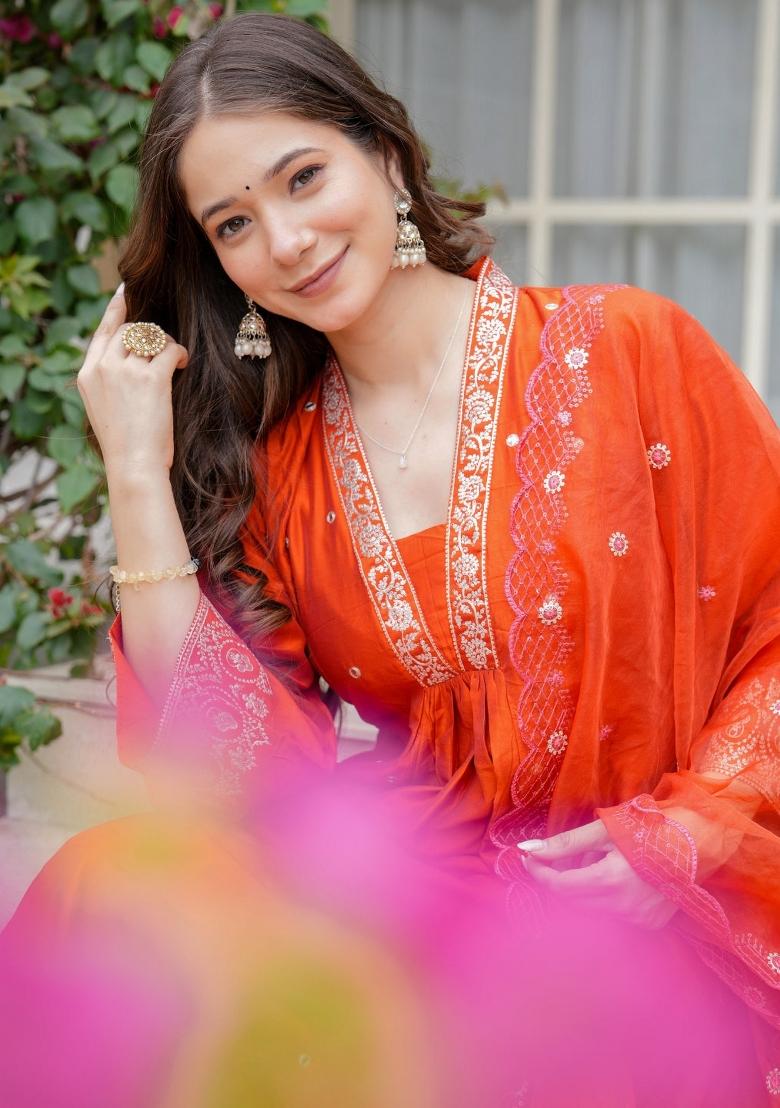 Orange Sequin Work Viscose Kurta Set - Indya