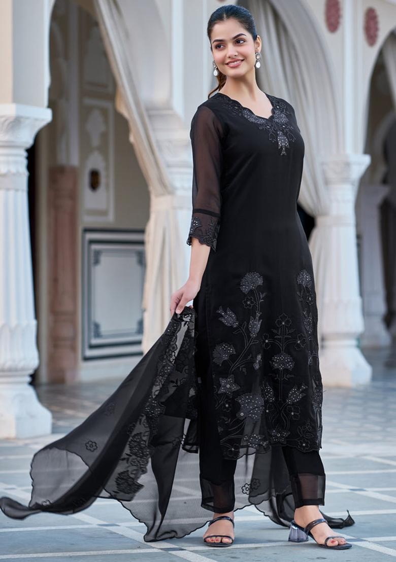 Black Sequin Work Georgette Kurta Set - Indya