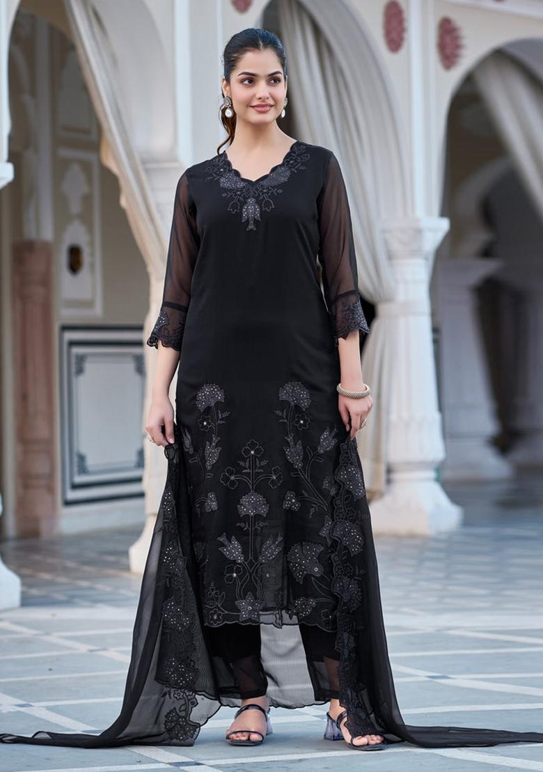 Black Sequin Work Georgette Kurta Set - Indya