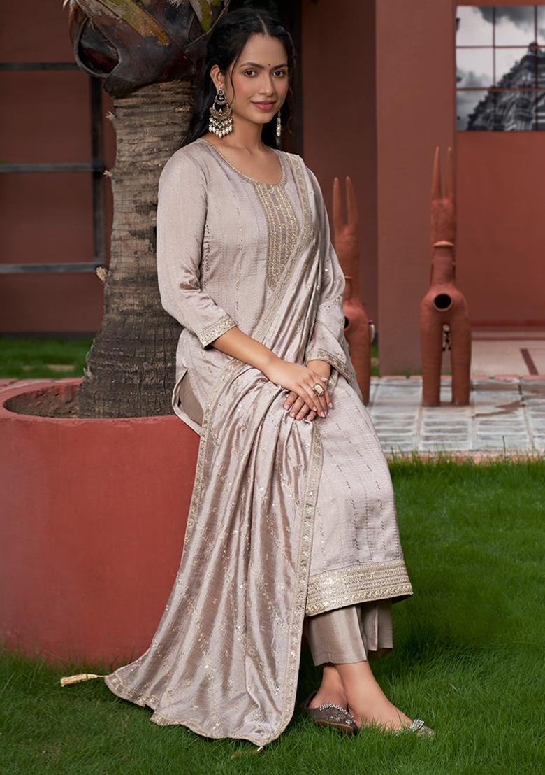 Onion Pink Sequin Work Silk Kurta Set - Indya