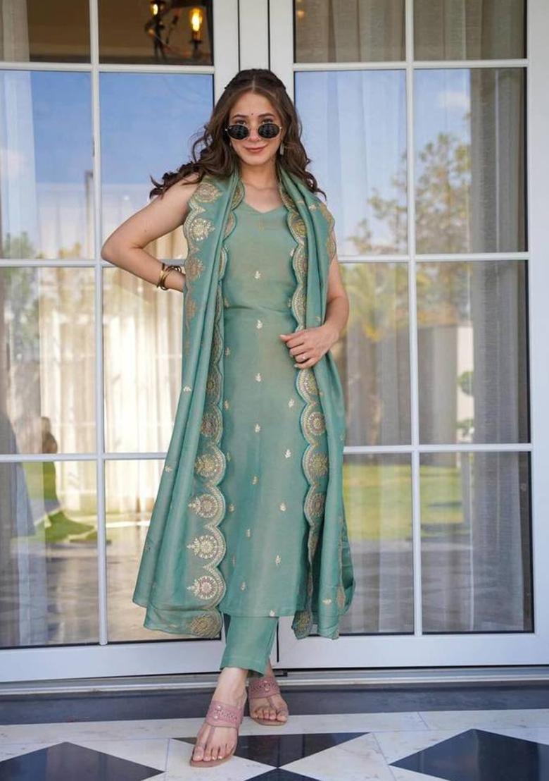 Olive Sequin Work Viscose Kurta Set - Indya