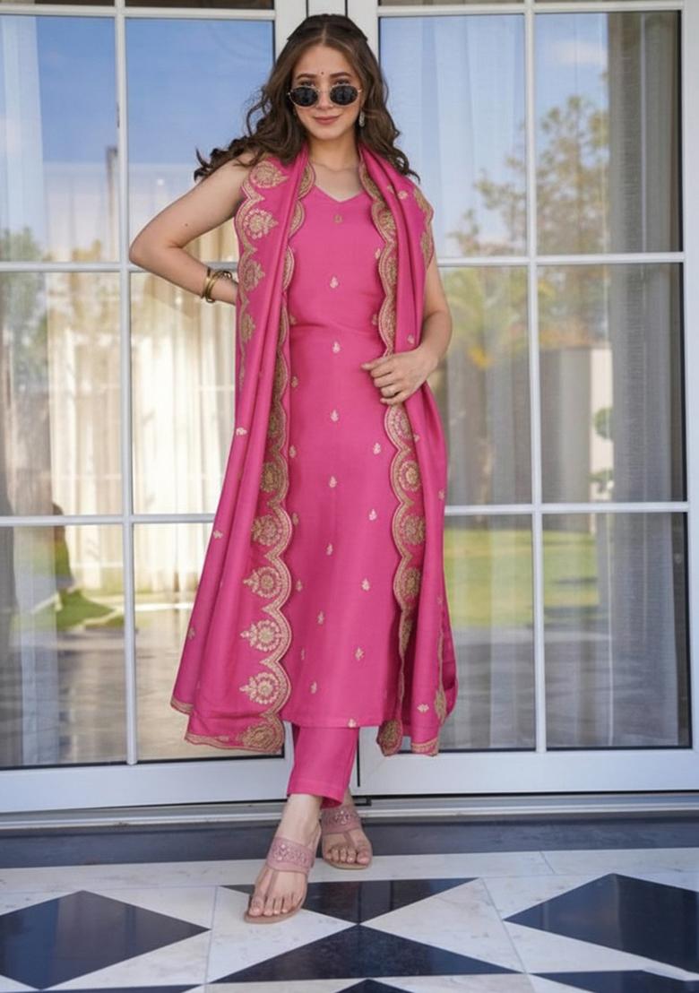 Pink Sequin Work Viscose Kurta Set - Indya