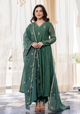 Green Sequin Work Silk Kurta Set
