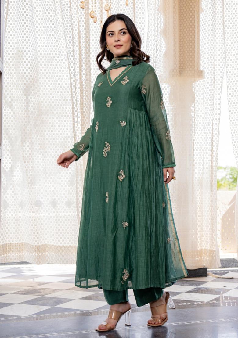 Green Sequin Work Silk Kurta Set - Indya