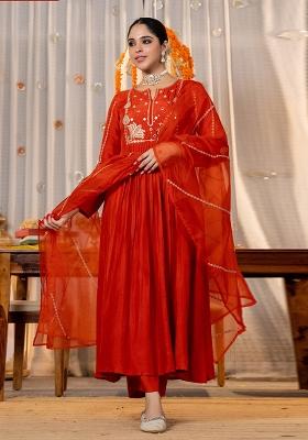 Orange Sequin Work Silk Kurta Set