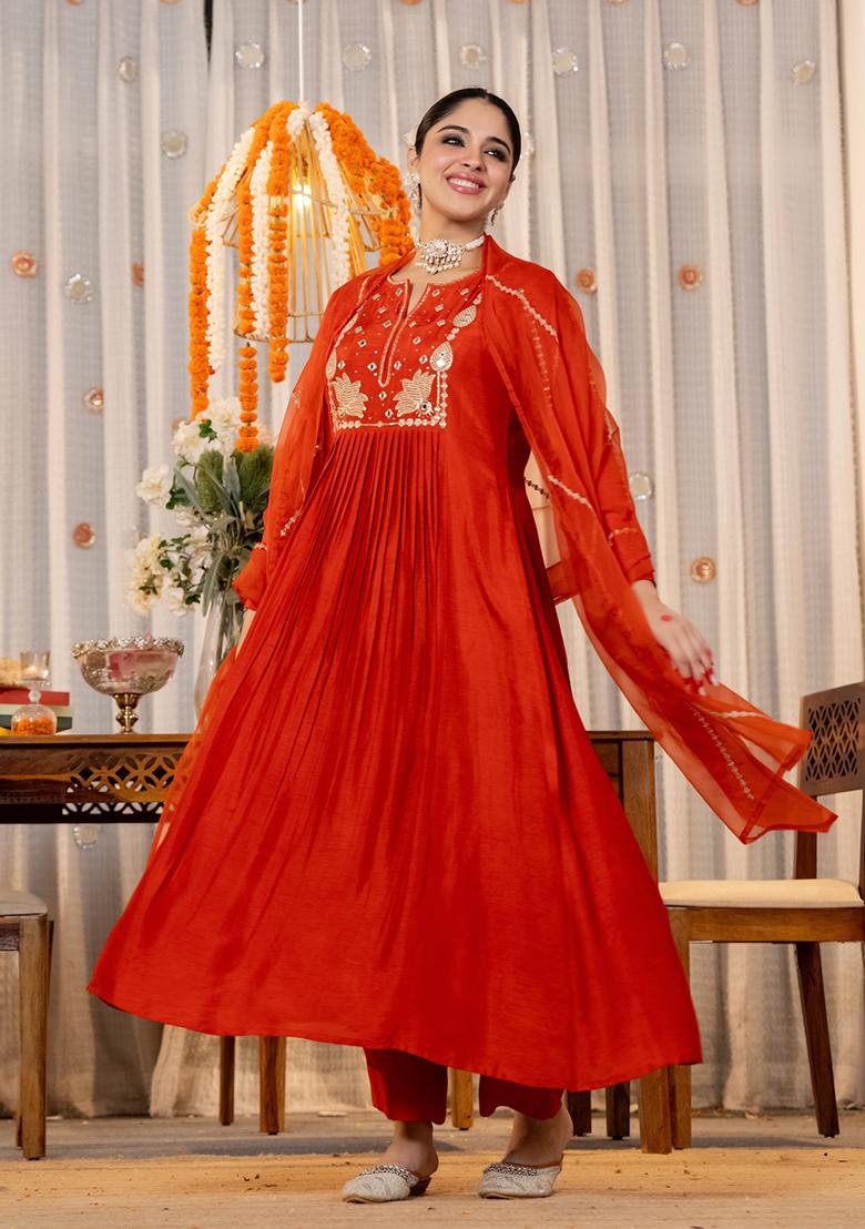Orange Sequin Work Silk Kurta Set - Indya