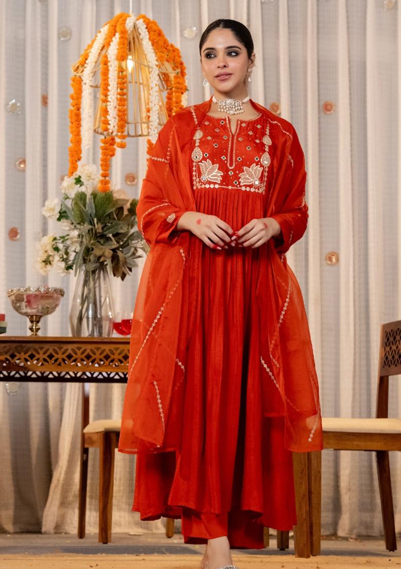 Orange Sequin Work Silk Kurta Set - Indya