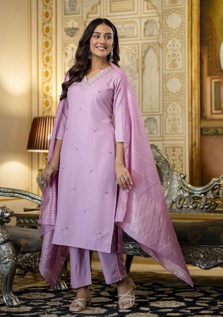 Pink Sequin Work Viscose Kurta Set - Indya