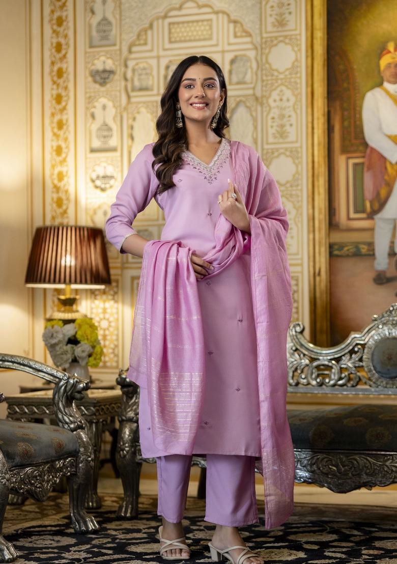 Pink Sequin Work Viscose Kurta Set - Indya