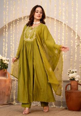 Green Sequin Work Silk Kurta Set