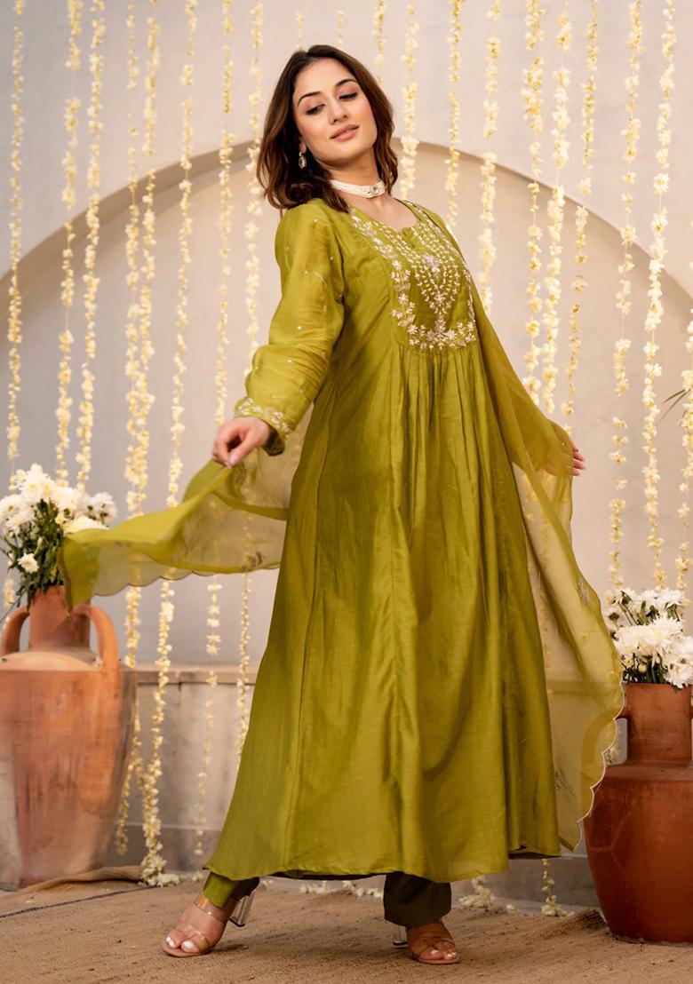 Green Sequin Work Silk Kurta Set - Indya